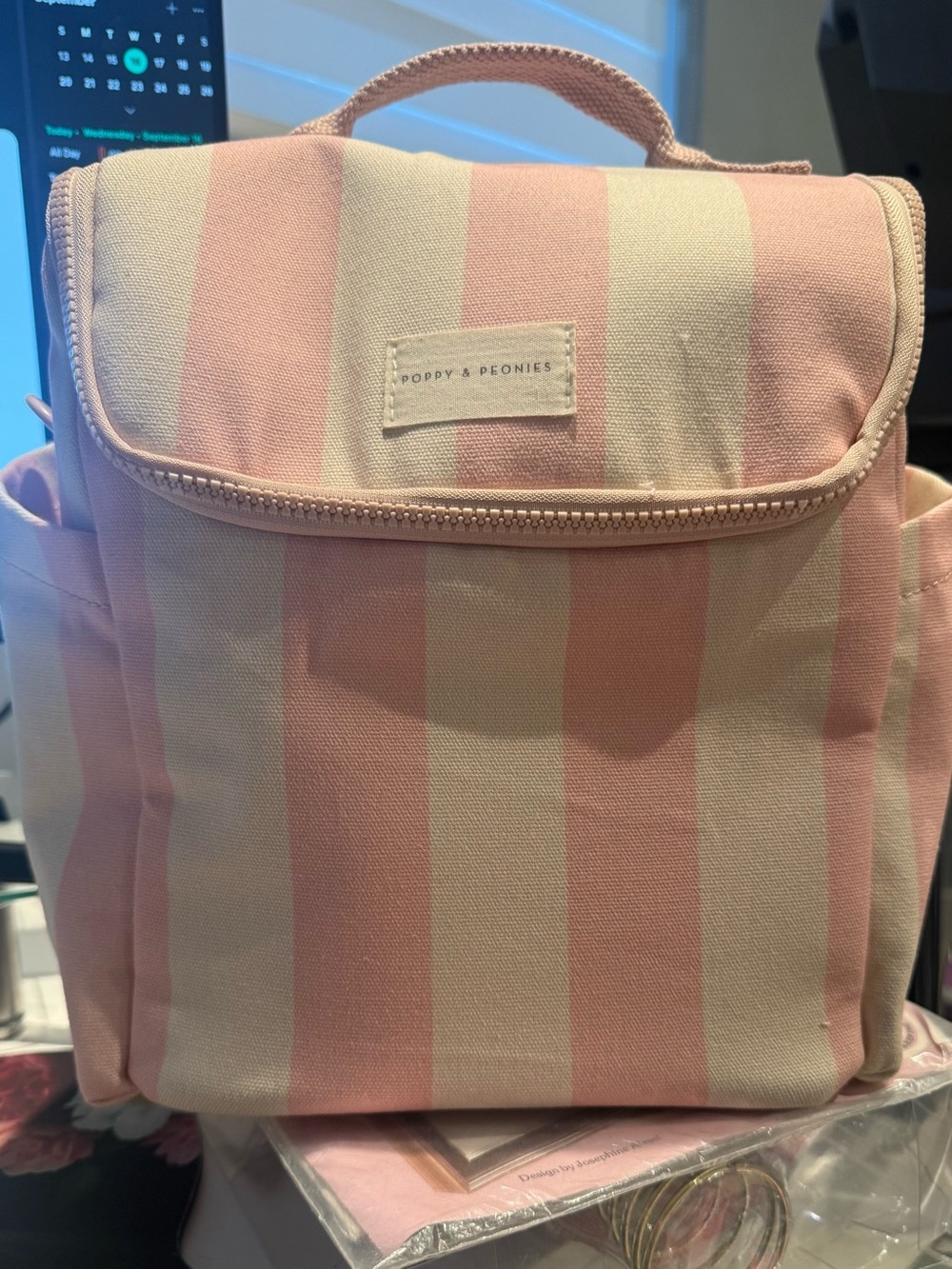 Poppy & Peonies Pink and Cream Striped Canvas lunch Tote